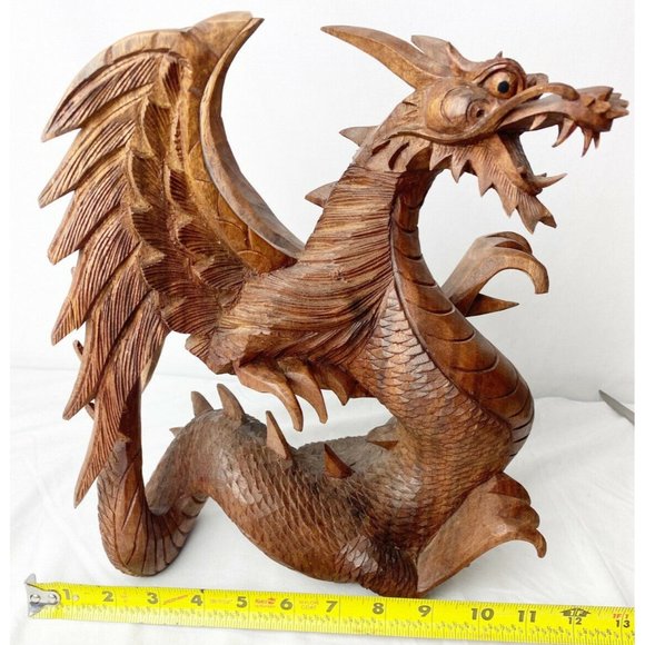 Wood Carved Flying Dragon Fantasy Large 12” X 12” - Picture 5 of 9